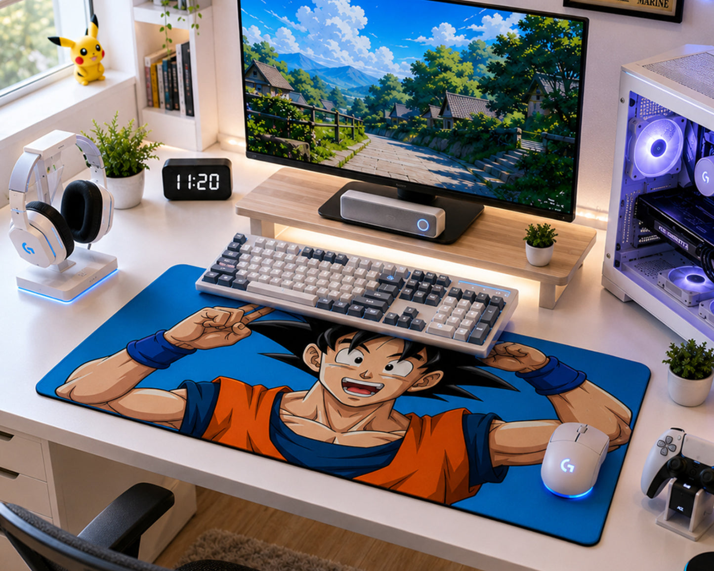A large desk mat featuring an anime character print in orange and blue, styled on a white desk with a keyboard, mouse, monitor, and gaming accessories.