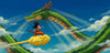 Anime-style artwork of a young Goku in an orange gi standing on a yellow cloud while riding a large green dragon against a blue sky with clouds.