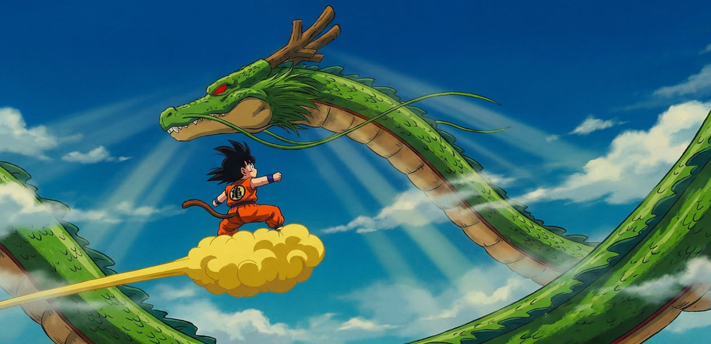 Anime-style artwork of a young Goku in an orange gi standing on a yellow cloud while riding a large green dragon against a blue sky with clouds.