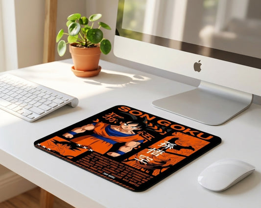 Son Goku anime inspired mouse pad with bold orange and black design placed on a clean white desk setup featuring iMac, wireless keyboard, mouse, and small indoor plant
