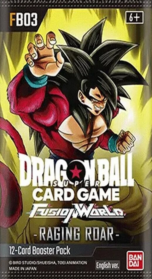 Dragon Ball Super TCG Fusion World Raging Roar Booster Pack (English Version) featuring collectible cards, rare characters, and vibrant artwork.