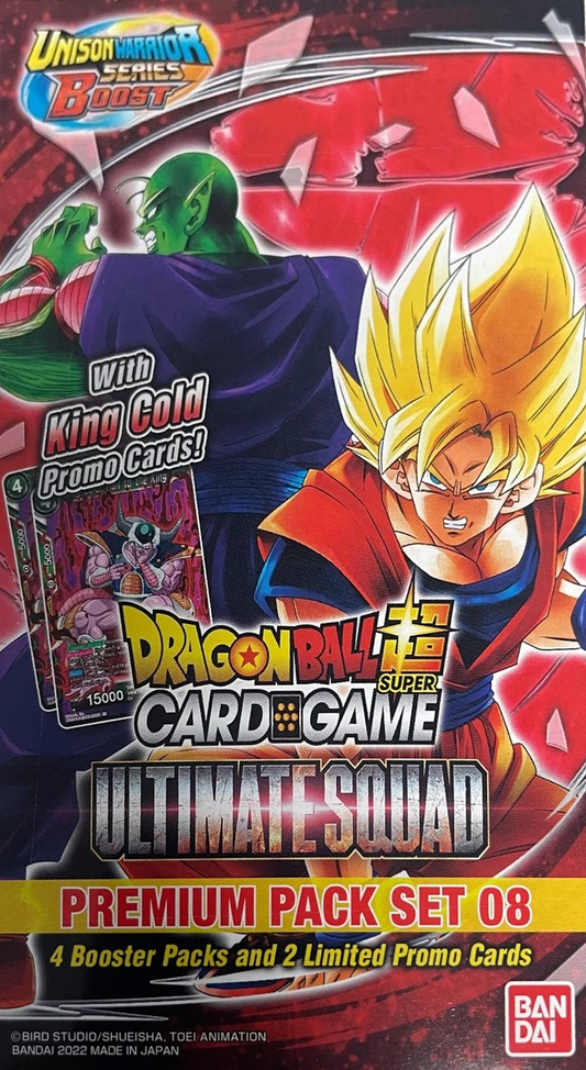 Dragon Ball Super TCG Ultimate Squad Booster Pack (English Version) featuring collectible cards, rare fighters, and stunning Dragon Ball artwork.