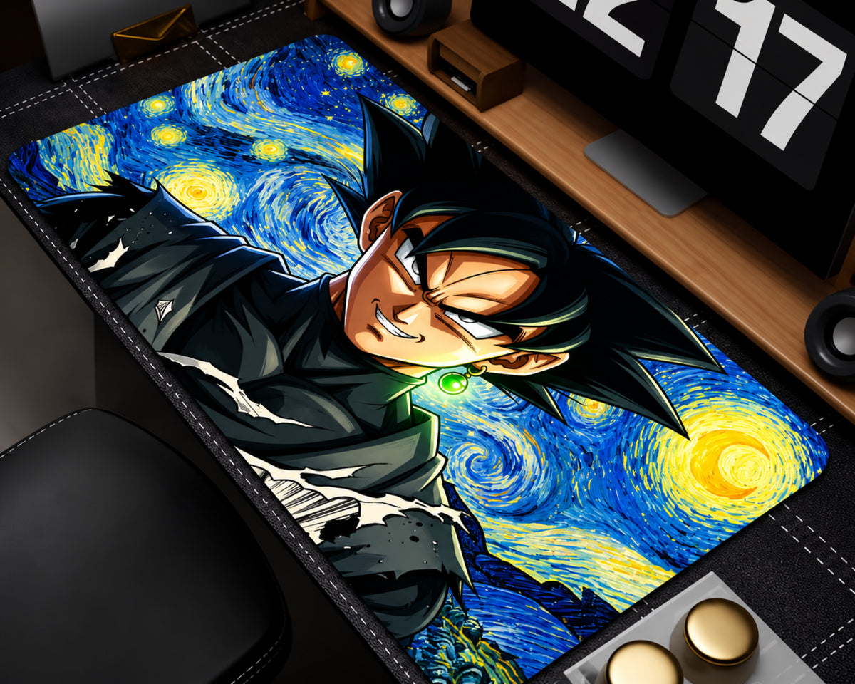A large desk mat featuring an anime character in a black outfit against a swirling blue and yellow Starry Night-style background, shown on a desk in a room setting.