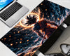 Dragon Ball Z Goku extended gaming mouse pad featuring a black-haired anime warrior surrounded by a glowing orange halo, electric blue lightning, fiery sparks, and a dark cosmic background.