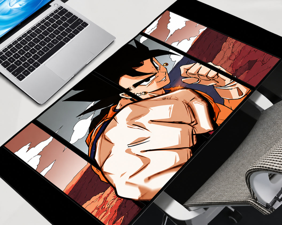 Dragon Ball Z Goku gaming mouse pad featuring a dramatic manga-style close-up of Goku throwing a powerful punch, with black panel borders and orange-red anime artwork.
