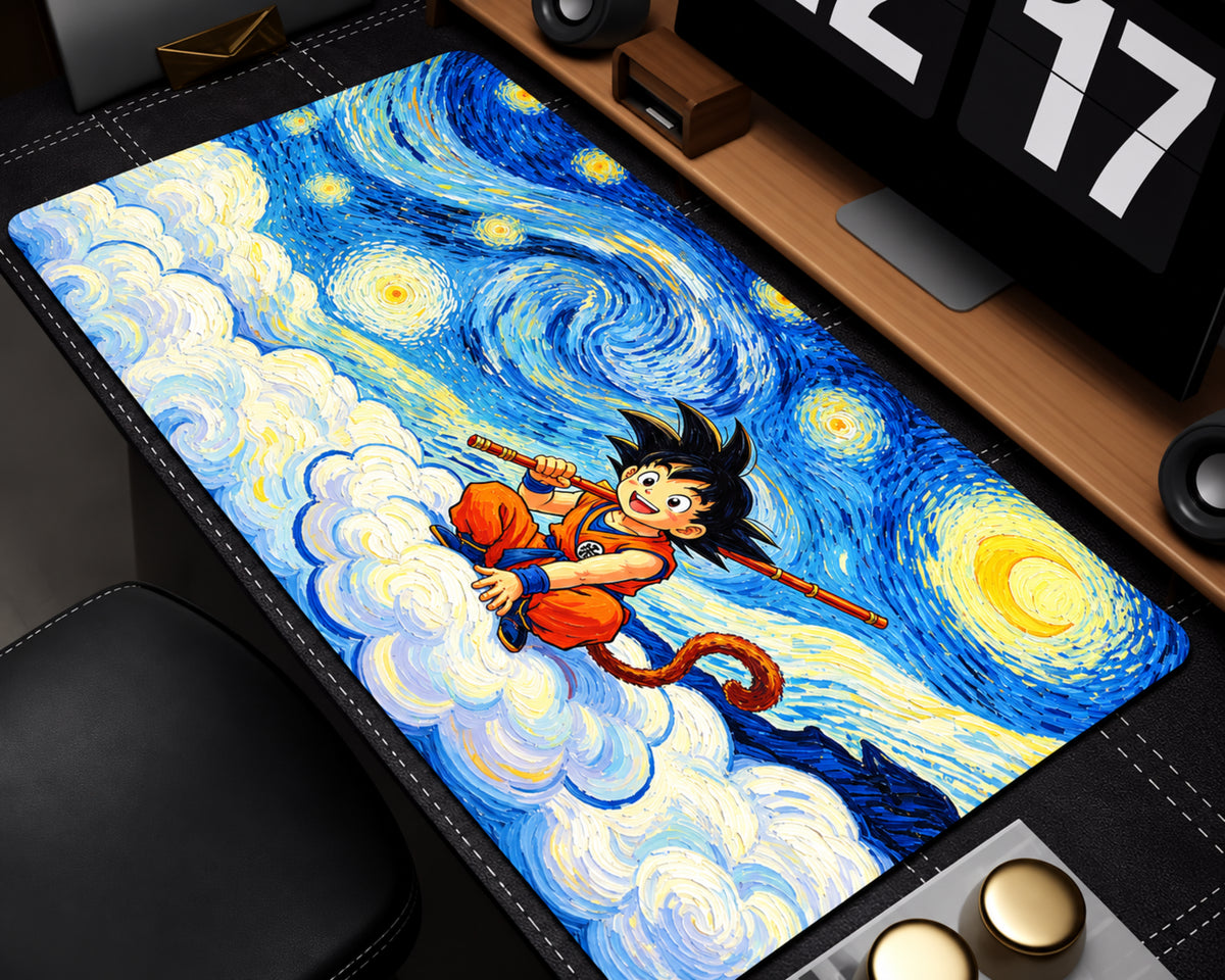 A rectangular desk mat featuring a stylized Starry Night-inspired illustration with a cartoon character flying on clouds, shown on a dark desk with a monitor and accessories nearby.