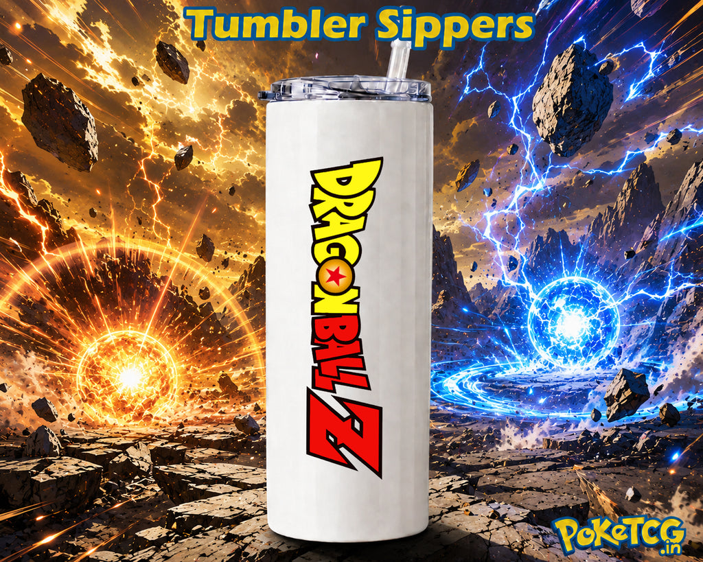 White tumbler sipper featuring a vertical Dragon Ball Z logo, displayed against a dramatic blue-and-orange lightning battle background.