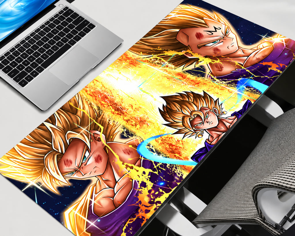 Dragon Ball Z Majin Vegeta extended gaming mouse pad featuring multiple golden-haired Vegeta illustrations, a purple battle outfit, glowing golden energy bursts, and electric blue cosmic effects.