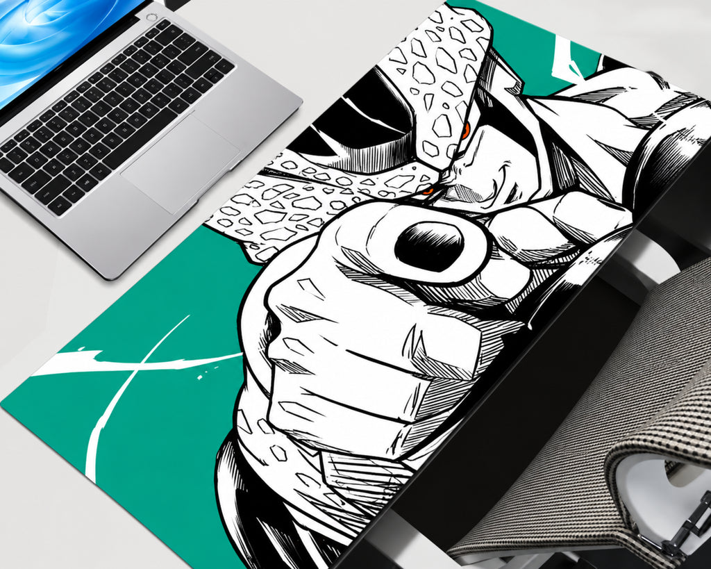 Dragon Ball Z Perfect Cell extended gaming mouse pad featuring a bold black-and-white manga illustration of Cell with a clenched fist against a vibrant teal-green background.