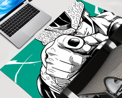 Dragon Ball Z Perfect Cell extended gaming mouse pad featuring a bold black-and-white manga illustration of Cell with a clenched fist against a vibrant teal-green background.