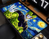 A rectangular desk mat featuring a stylized Starry Night-inspired illustration of the anime character Cell, shown laid out on a desk in a room setting.