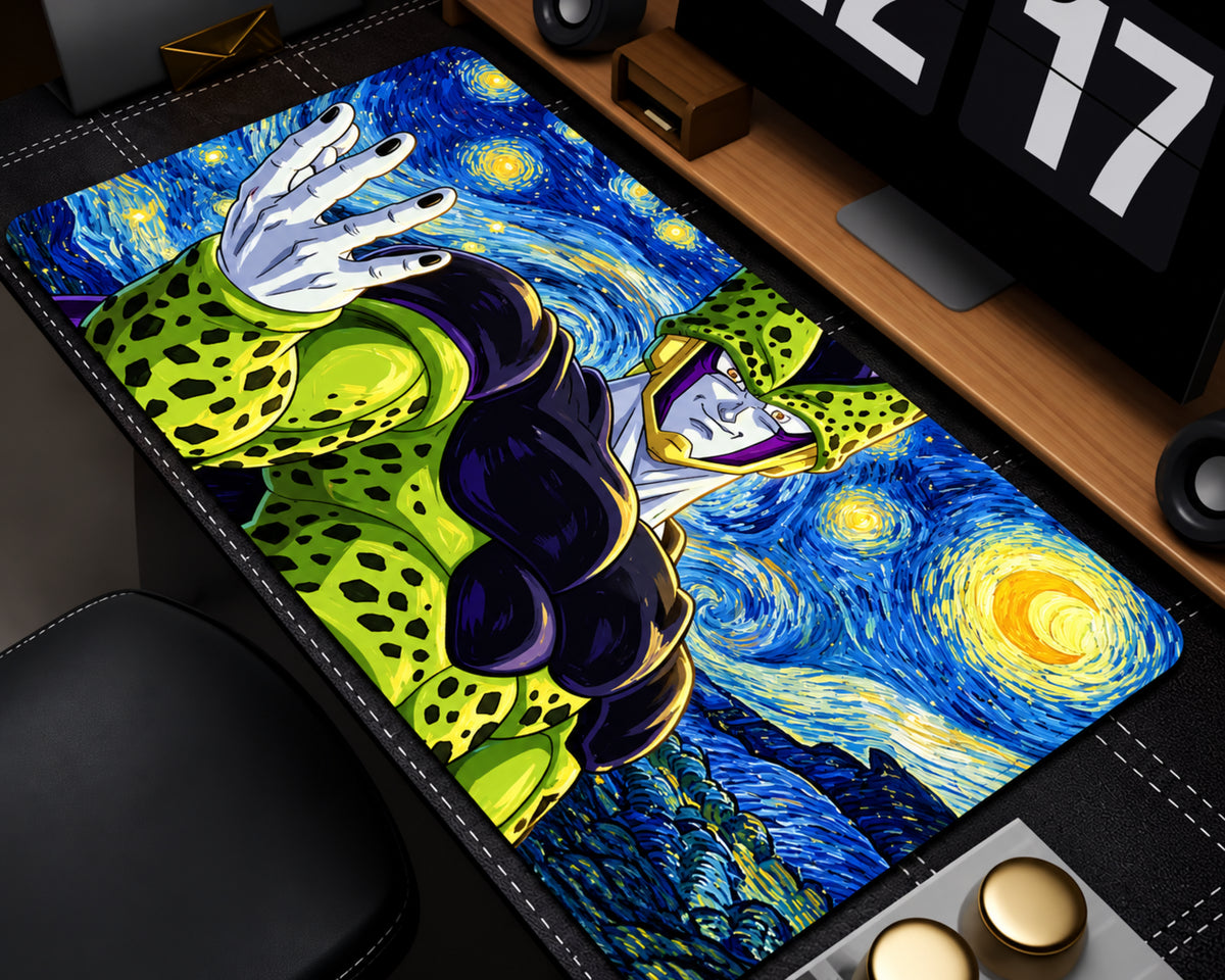 A rectangular desk mat featuring a stylized Starry Night-inspired illustration of the anime character Cell, shown laid out on a desk in a room setting.