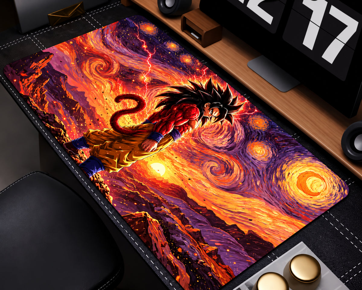Super Saiyan 4 Goku Dragon Ball GT anime gaming mouse pad featuring black spiky hair, red fur, golden pants, and a Saiyan tail against a fiery orange and purple Starry Night-inspired cosmic sky.