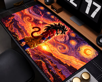 Super Saiyan 4 Goku Dragon Ball GT anime gaming mouse pad featuring black spiky hair, red fur, golden pants, and a Saiyan tail against a fiery orange and purple Starry Night-inspired cosmic sky.