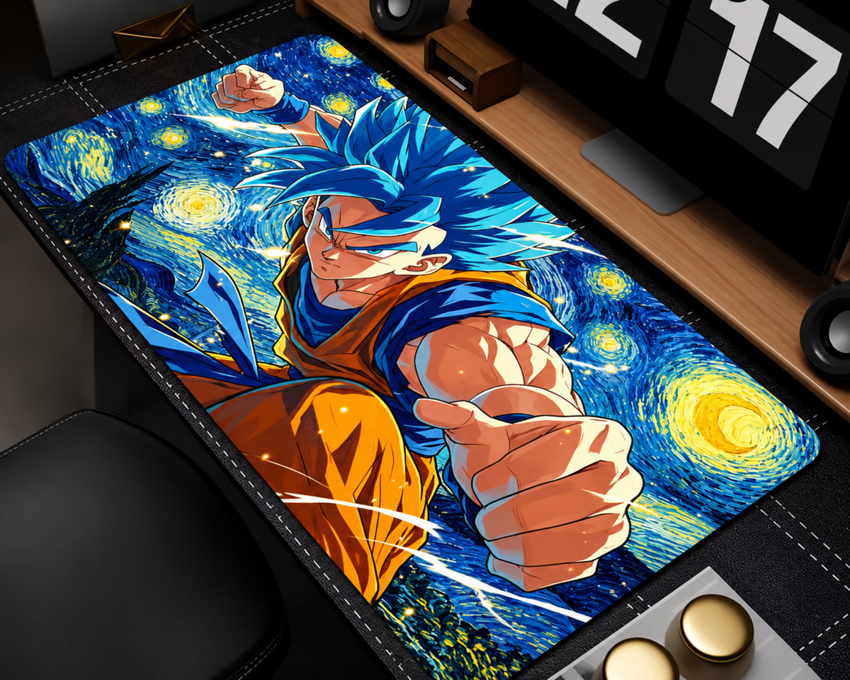 A large desk mat featuring an anime-style illustration of Goku in a blue and orange outfit against a swirling starry night sky, shown on a desk in a room setting.