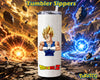 White insulated tumbler sipper featuring Super Saiyan Vegeta from Dragon Ball Z, with a dramatic orange-and-blue energy battlefield background.