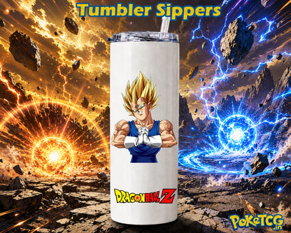White insulated tumbler sipper featuring Super Saiyan Vegeta from Dragon Ball Z, with a dramatic orange-and-blue energy battlefield background.