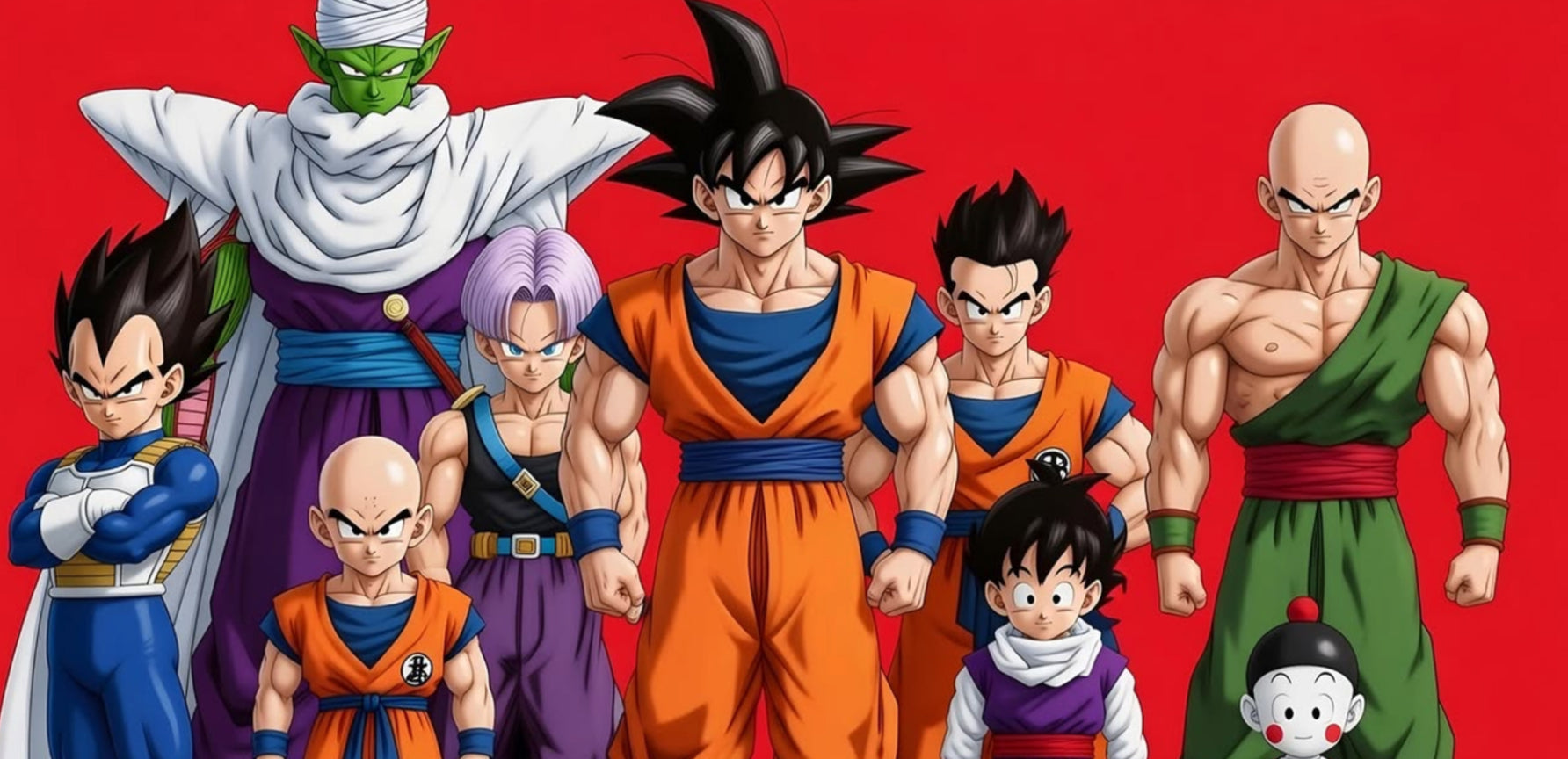 A group illustration of Dragon Ball Z characters including Goku, Vegeta, Piccolo, Krillin, Gohan, Tenshin, and others, standing together against a solid red background.