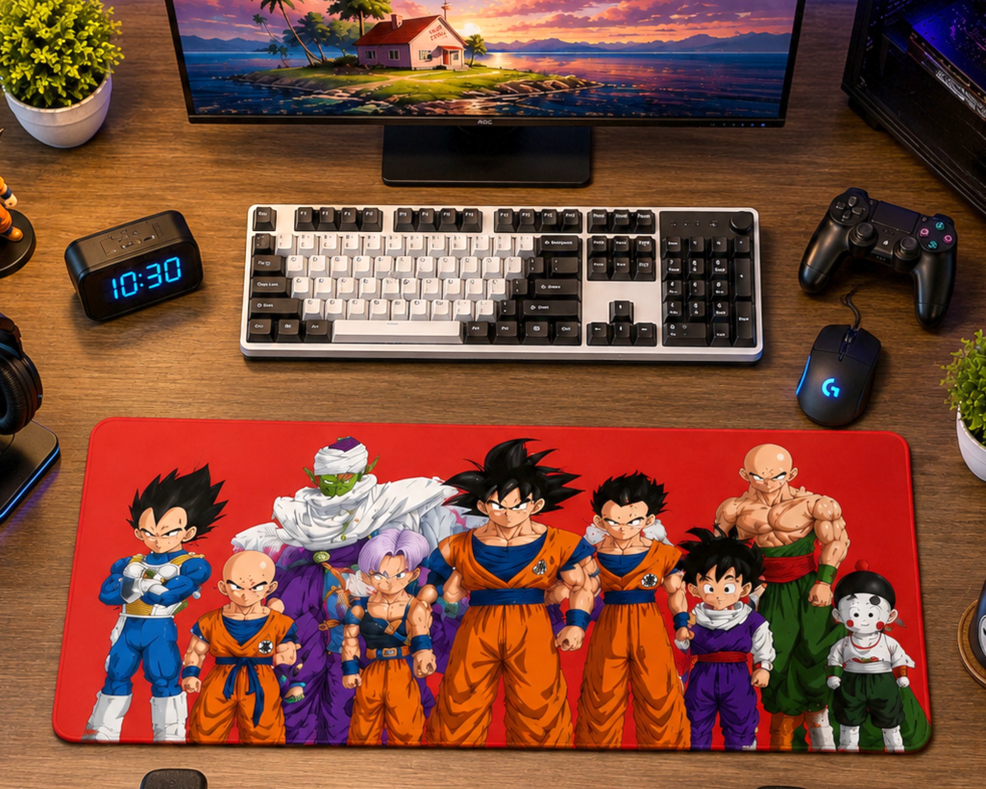A large rectangular gaming desk mat featuring a colorful Dragon Ball Z character group illustration, shown on a wooden desk with a keyboard, mouse, controller, monitor, and small plants.