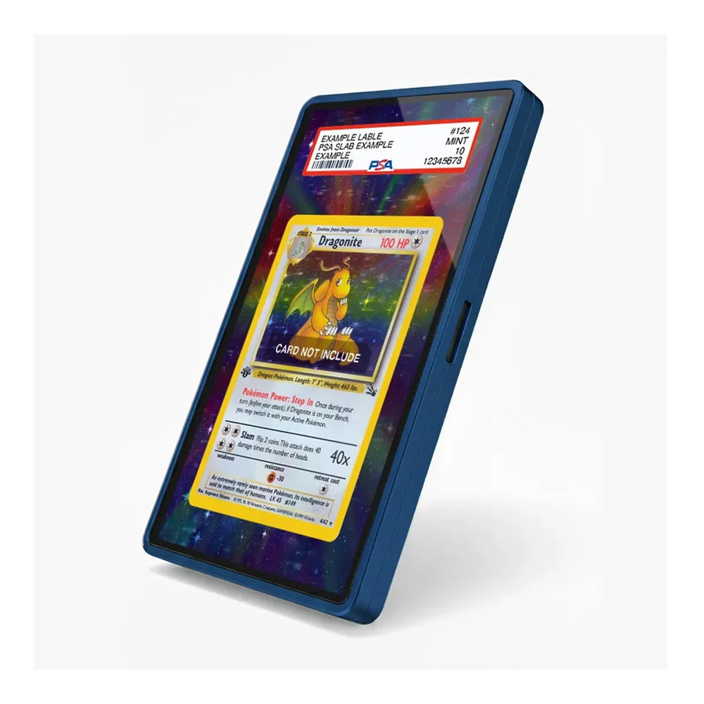 A blue protective phone case shown at an angle, displaying a sample Pokémon Dragonite trading card mockup on its screen against a clean white background.
