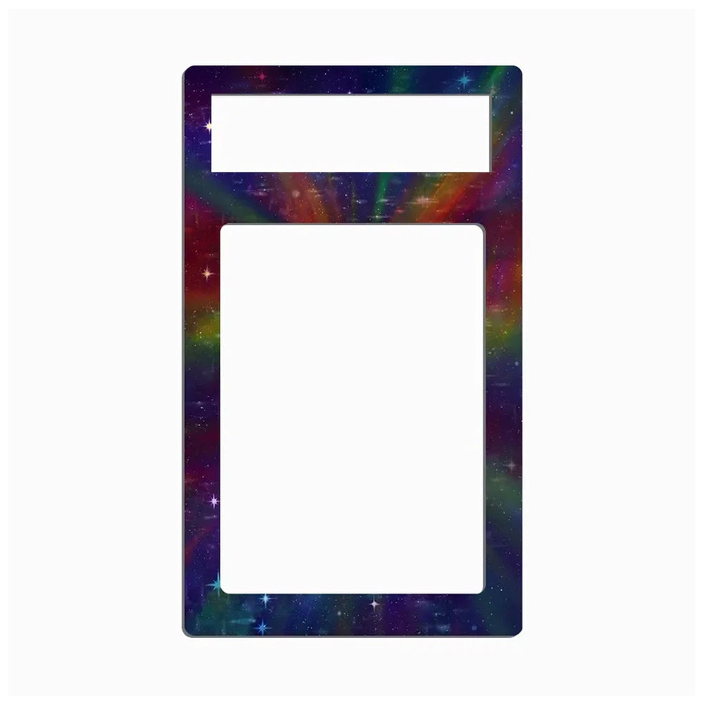 A rectangular phone case or cover with rounded corners, featuring a colorful galaxy print with a large blank white center cutout and a smaller white rectangular cutout at the top, shown on a plain white background.