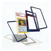 A clear acrylic display stand with a dark blue frame and a galaxy-patterned insert, shown holding a graded Pokémon Zebburn card. Additional empty stands are fanned out behind it on a clean white background.