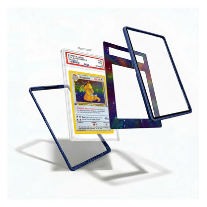 A clear acrylic display stand with a dark blue frame and a galaxy-patterned insert, shown holding a graded Pokémon Zebburn card. Additional empty stands are fanned out behind it on a clean white background.