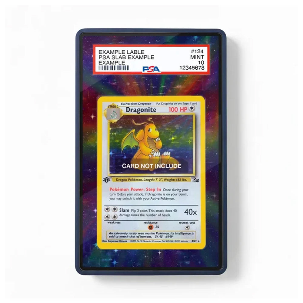 A PSA graded display card showing a Dragonite card example inside a black protective case, set against a colorful cosmic background.
