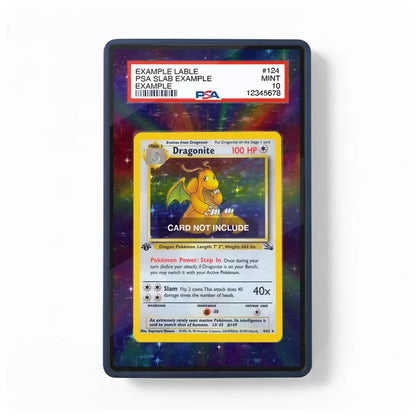 A PSA graded display card showing a Dragonite card example inside a black protective case, set against a colorful cosmic background.
