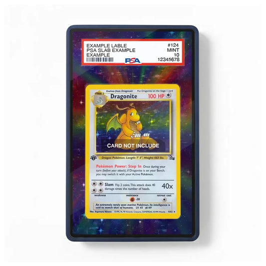 A PSA graded display card showing a Dragonite card example inside a black protective case, set against a colorful cosmic background.