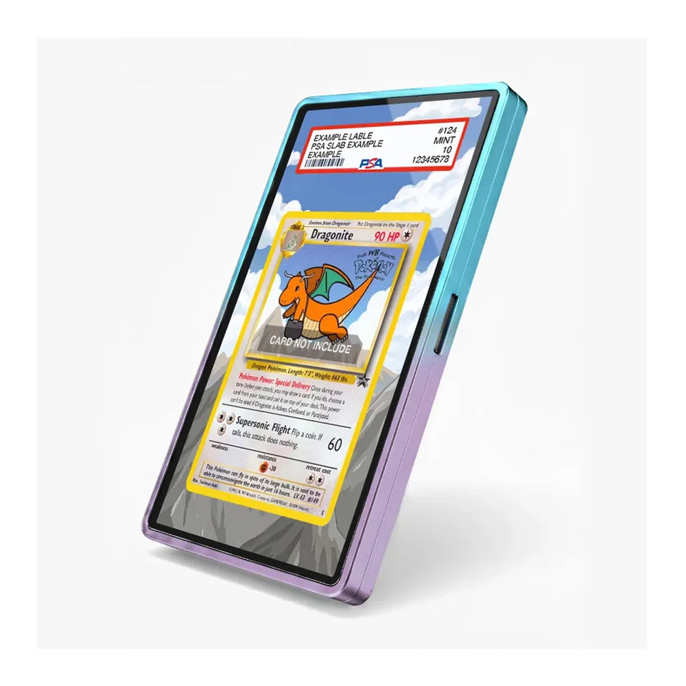 A retro-style translucent phone case with a blue-to-purple gradient, shown holding a mockup of a Dragonite trading card on a light gray background.