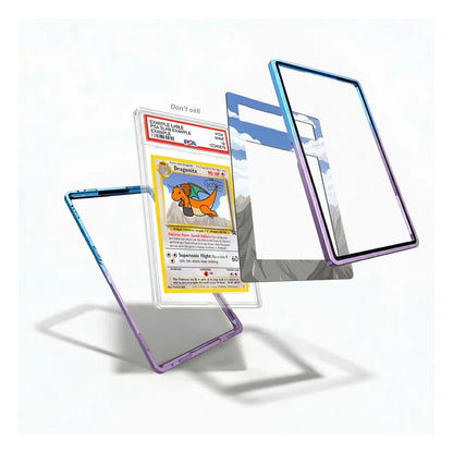 Three transparent protective phone cases with colored borders are shown floating around a graded Pokémon card on a clean white background. The cases appear to be clear with blue, purple, and gray tinted edges.