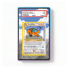 A PSA-certified sample trading card in a clear protective slab with a blue and purple border, featuring a Dragonite card example. The slab is shown against a clean white background.