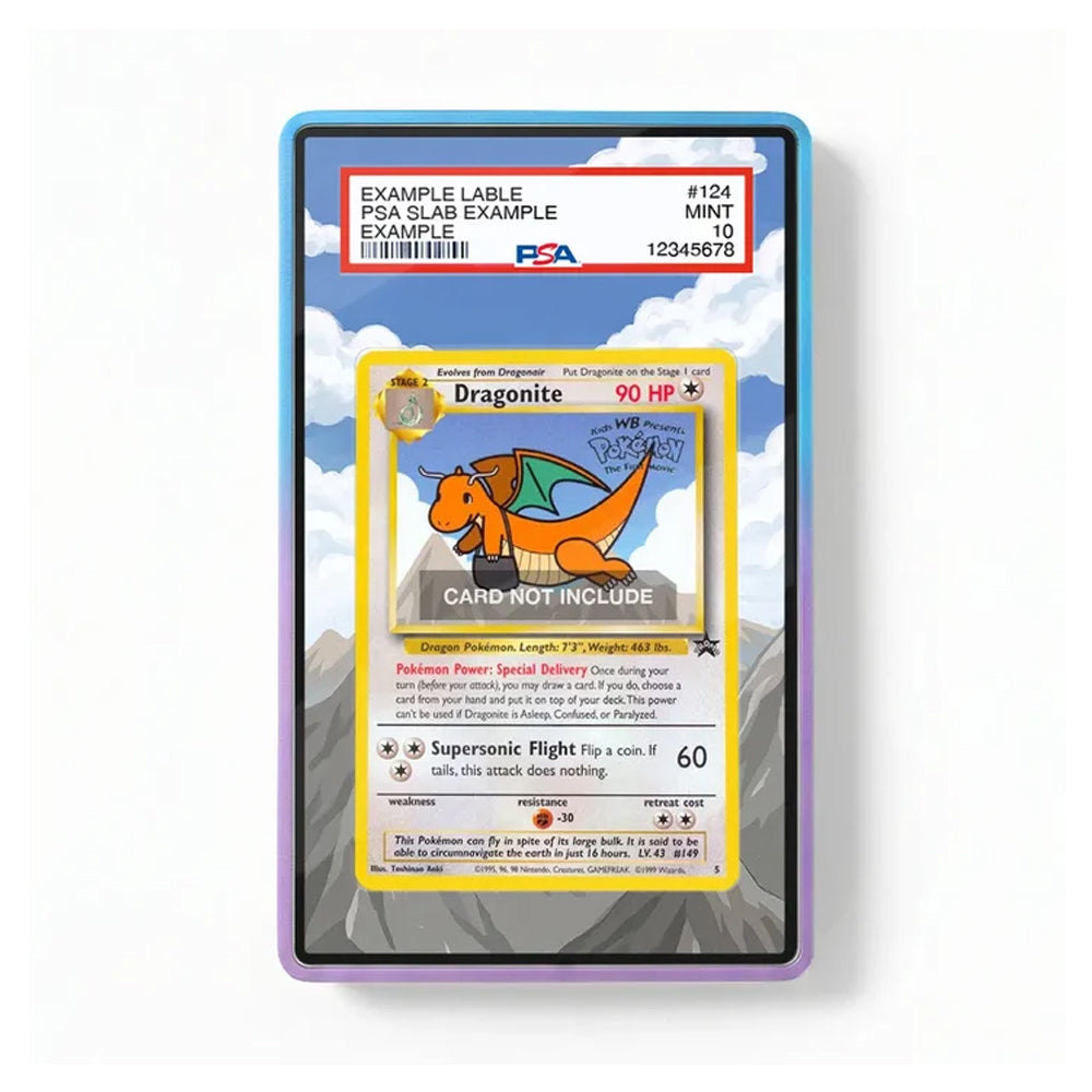 A PSA-certified sample trading card in a clear protective slab with a blue and purple border, featuring a Dragonite card example. The slab is shown against a clean white background.