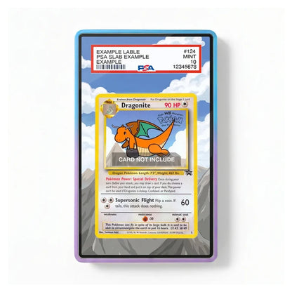 A PSA-certified sample trading card in a clear protective slab with a blue and purple border, featuring a Dragonite card example. The slab is shown against a clean white background.