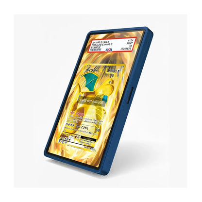 A protective display case for a collectible trading card, featuring a dark blue border and a clear top window showing a gold-colored Pokémon card inside a yellow flame-style protective sleeve. The PSA authentication label is visible at the top.
