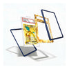 A clear acrylic card protector case with a dark blue frame, shown holding a graded Pokémon TCG card. The case is displayed in three floating angles against a clean white background, with one view showing the card inside and two views showing the clear front and the gold-patterned back.