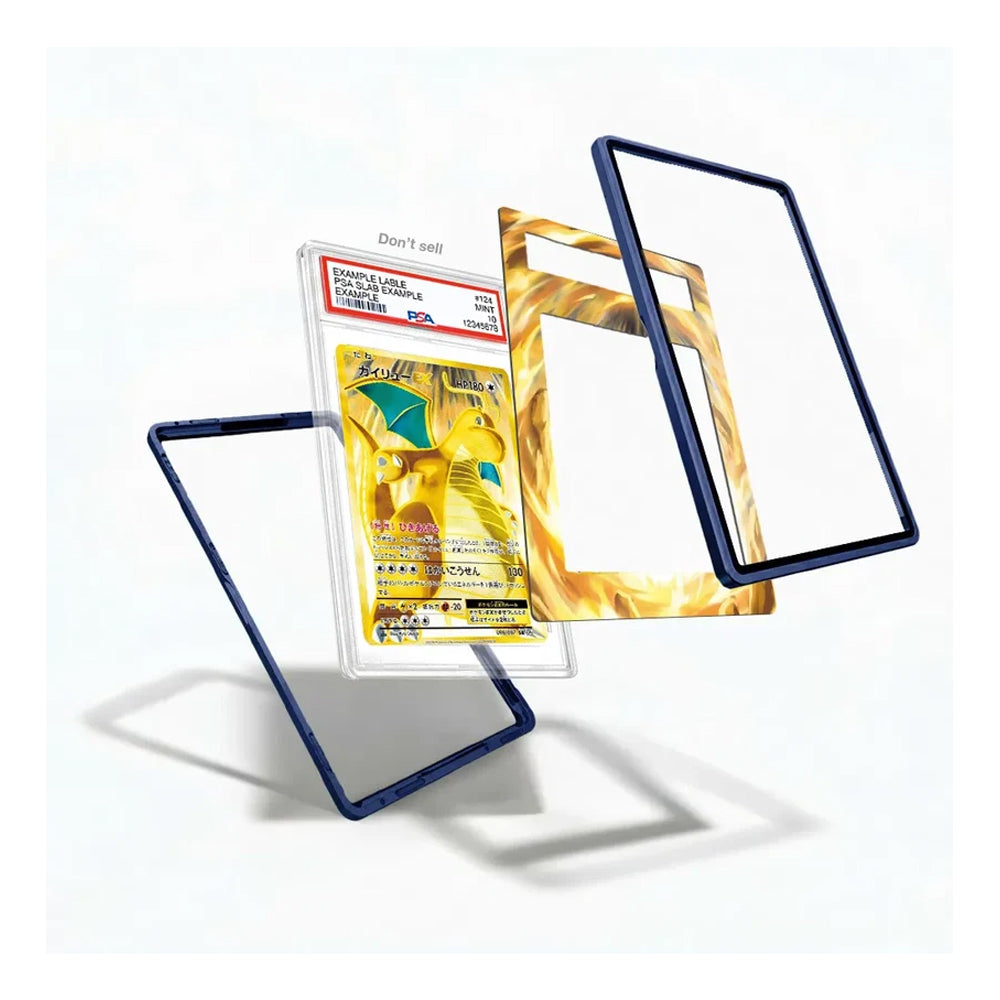 A clear acrylic card protector case with a dark blue frame, shown holding a graded Pokémon TCG card. The case is displayed in three floating angles against a clean white background, with one view showing the card inside and two views showing the clear front and the gold-patterned back.