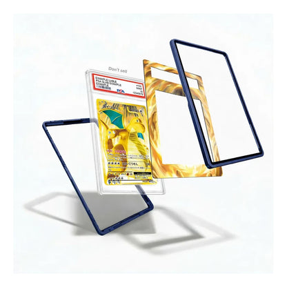 A clear acrylic card protector case with a dark blue frame, shown holding a graded Pokémon TCG card. The case is displayed in three floating angles against a clean white background, with one view showing the card inside and two views showing the clear front and the gold-patterned back.