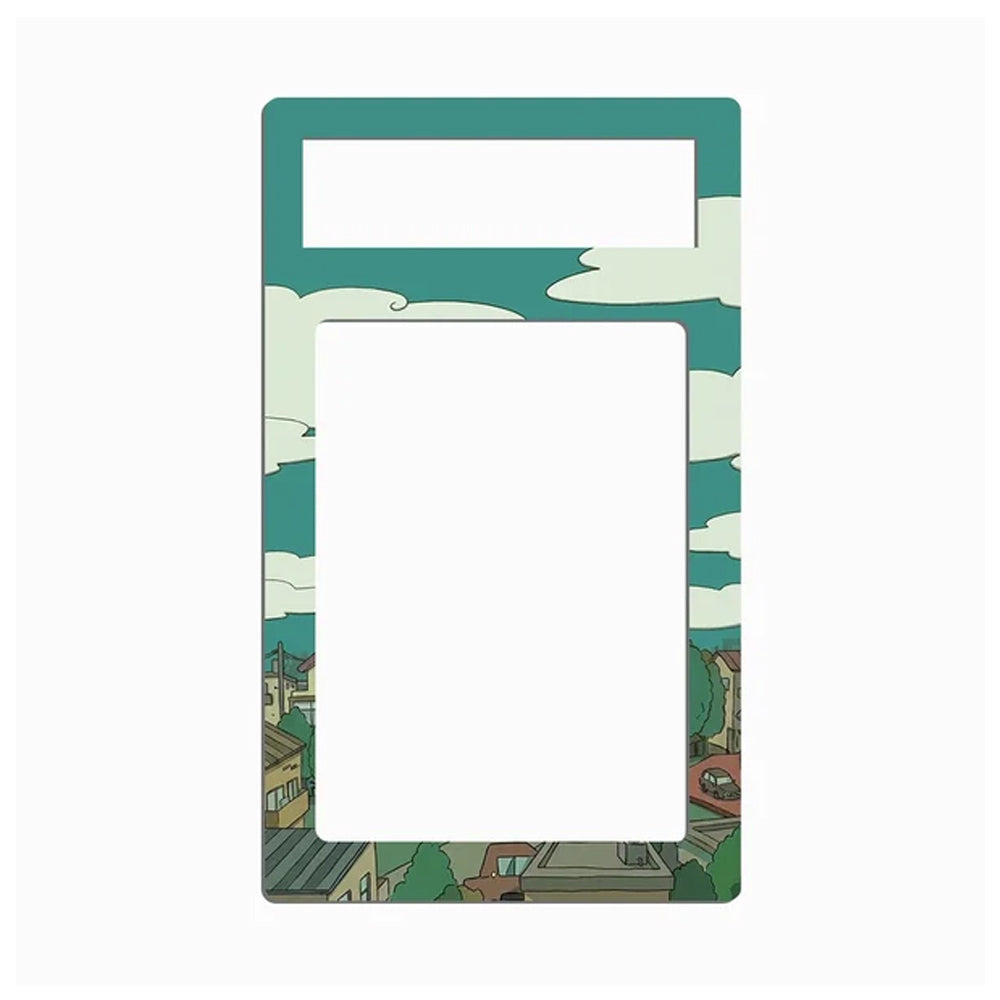 A rectangular picture frame with rounded corners, featuring a teal and cream cloud pattern with a small illustrated town scene along the bottom border.