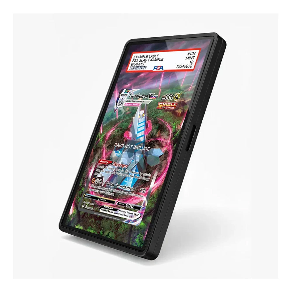 A black plastic display stand holding a vertical Pokémon TCG sample card, shown on a clean white background.