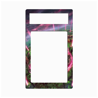 A decorative rectangular frame or plate with rounded corners, featuring a colorful fantasy landscape border and a blank white center cutout, shown on a light gray background.