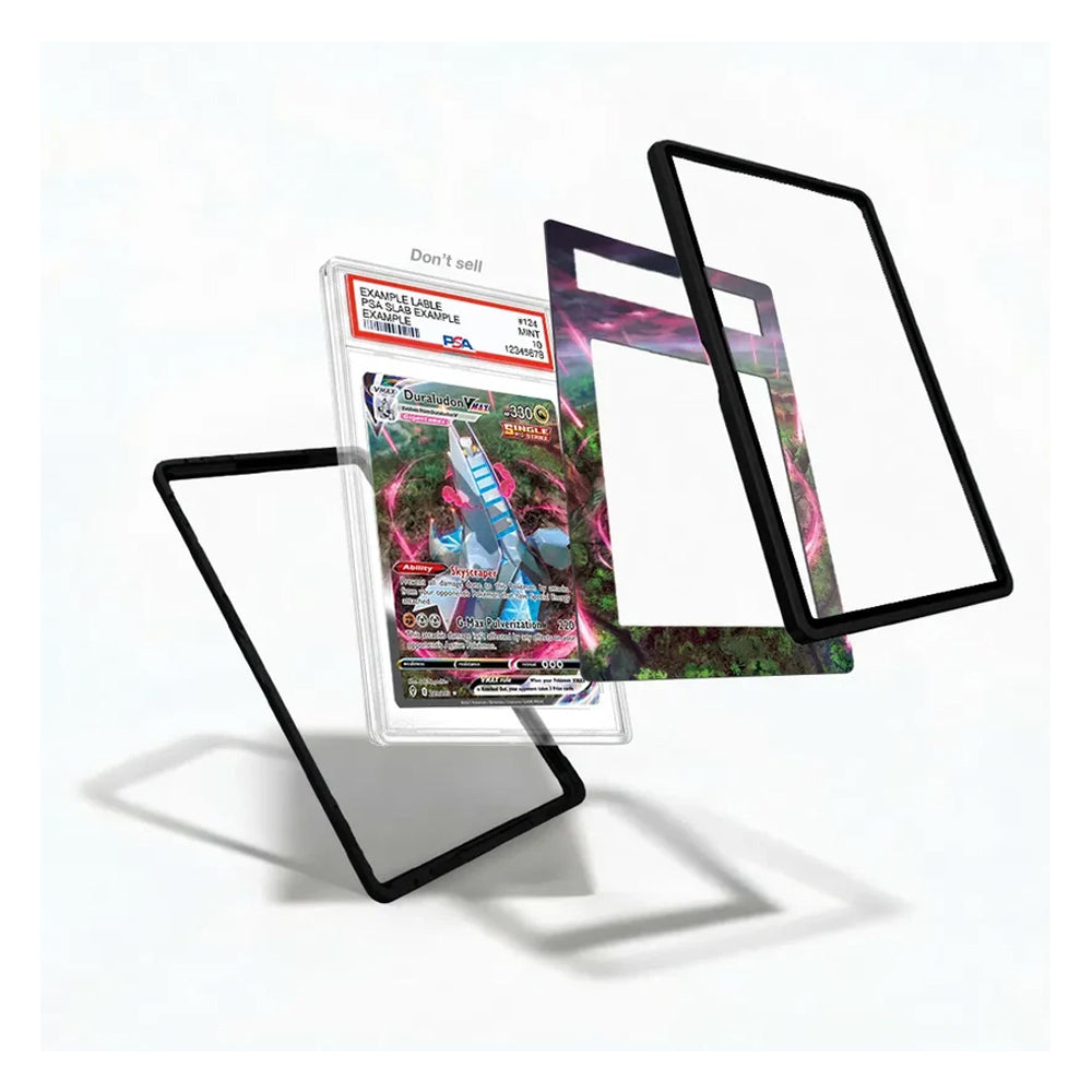 A set of clear acrylic card protectors with black borders, shown floating around a graded Pokémon TCG card in a clear holder on a white background.