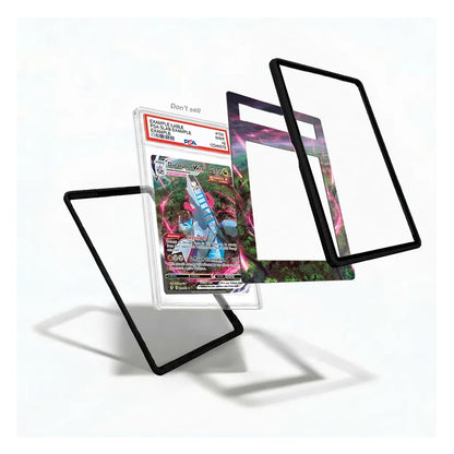 A set of clear acrylic card protectors with black borders, shown floating around a graded Pokémon TCG card in a clear holder on a white background.