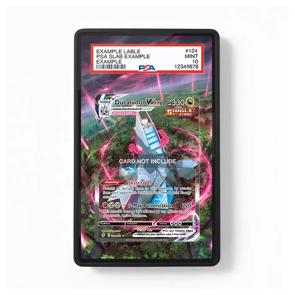 A black rectangular card protector or display frame holding a Pokémon TCG trading card insert featuring Duradoon, with a red and white header label at the top and a black border around the insert.