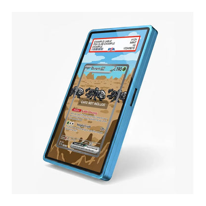 A blue protective phone case shown on a smartphone, featuring a printed sample card insert on the screen with a red and white PSA grading label at the top.