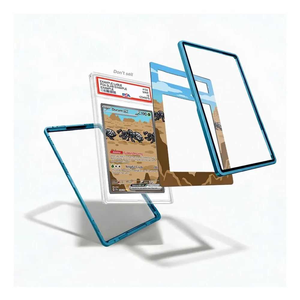 A transparent hard case with a bright blue border is shown disassembled around a Pokémon trading card, with several panel pieces floating beside it on a clean white background.