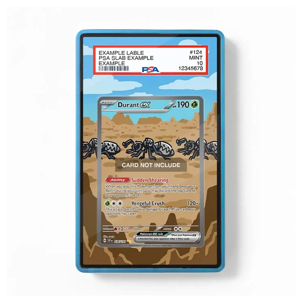 A PSA graded slab containing a Pokémon card, shown against a plain white background. The slab has a blue border and a printed header card labeled PSA with an example rating.