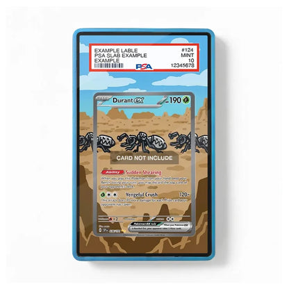 A PSA graded slab containing a Pokémon card, shown against a plain white background. The slab has a blue border and a printed header card labeled PSA with an example rating.