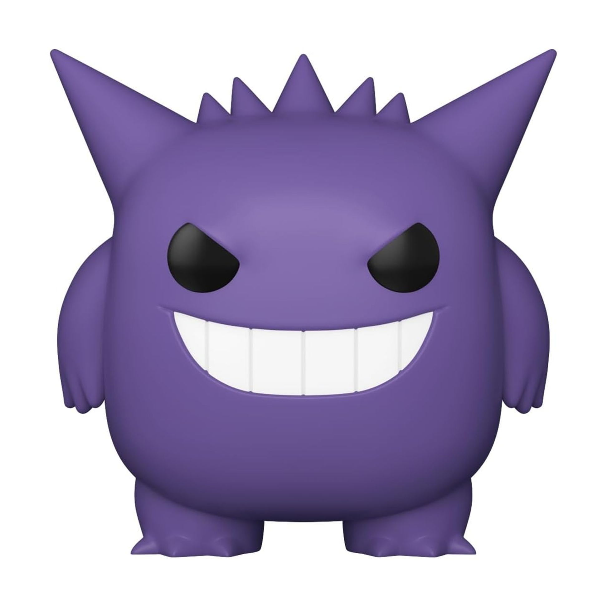 Purple cartoon character with black eyes and a wide smile on a white background
